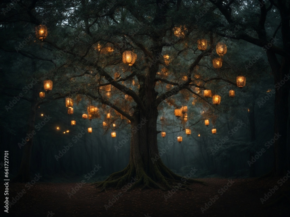 A tree with its branches full of hanging lanterns in the forest