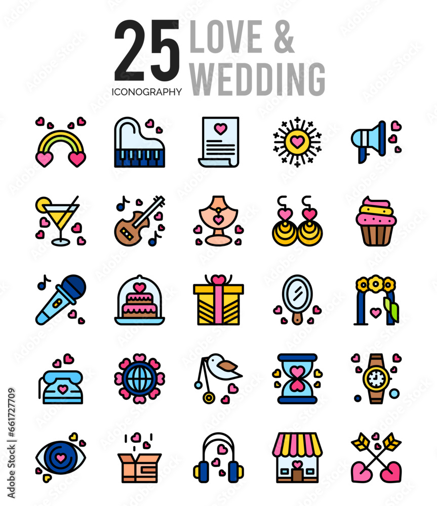 25 Love And Wedding Lineal Color icon pack. vector illustration. 25 Love And Wedding Lineal Color icon pack. vector illustration.