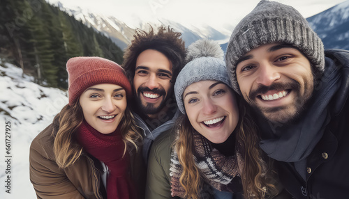 Selfie of multicultural friends in winter in the woods