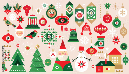 Merry Christmas and Happy New Year 2024  holiday   set icons  for design banner, poster, card, cover  Gifts, Santa, ball toy, christmas tree, snowflake   Modern Xmas flat cartoon  vector illustration