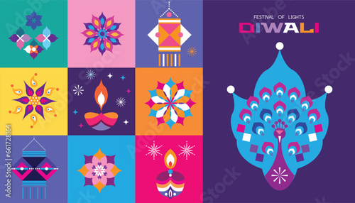 Traditional Indian festival Diwali. Happy Festival of lights Deepavali Template  banner, poster, greeting card Festive Burning diya graphic design background Vector abstract flat illustration