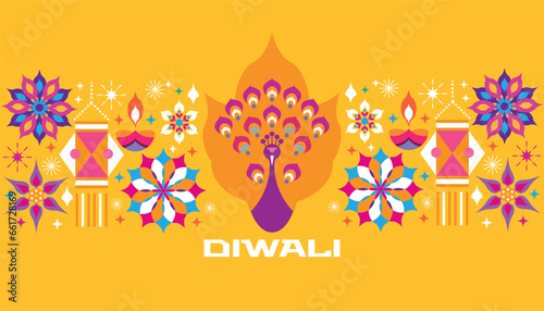 Traditional Indian festival Diwali. Happy Festival of lights Deepavali Template  banner, poster, greeting card Festive Burning diya graphic design background Vector abstract flat illustration