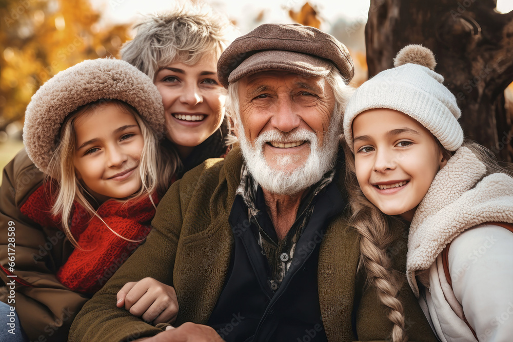 Family together. Family photo of an elderly father, daughter and young grandchildren. Children and grandchildren visit elderly parents. Family values. Friendly family. Caring for the elderly.