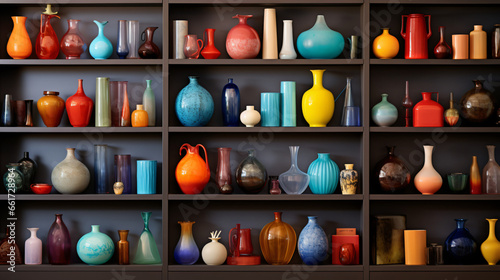 A shelf filled with lots of different colored vases