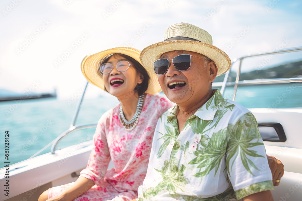 An elderly couple is sitting on a boat or yacht in the ocean. They look at the waves and hug. Sea voyage, vacation. Love and romance of older people.