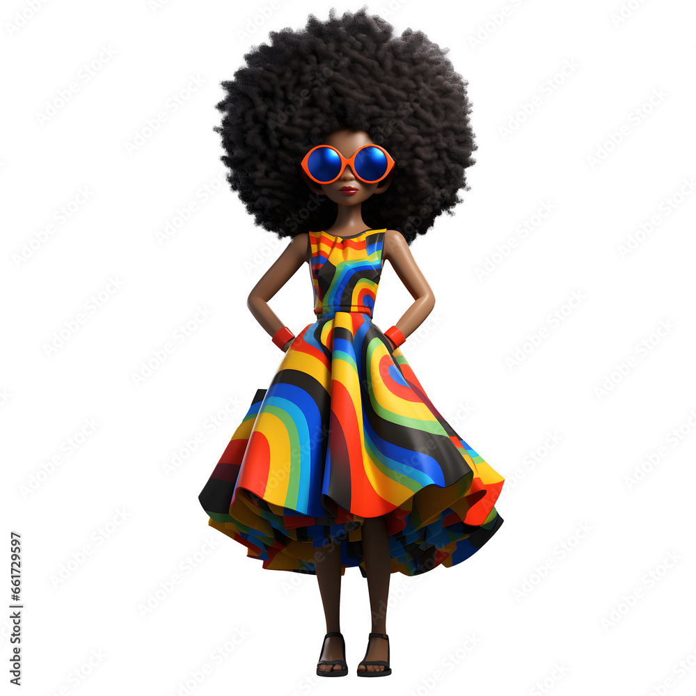 3D cartoon character afro hair woman model in colorful dress fashion glamour trendy and colour sunglasses, Full body Standing Posing idea concept design, isolated on white background