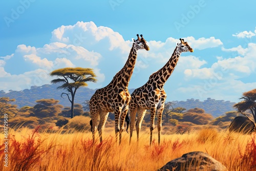 two giraffe standing in the savannah in the wild. © Rangga Bimantara