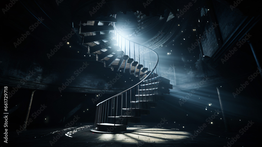 A spiral staircase in a dark room