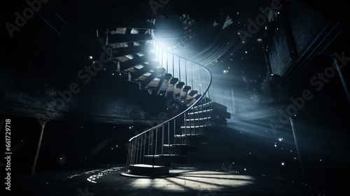 A spiral staircase in a dark room