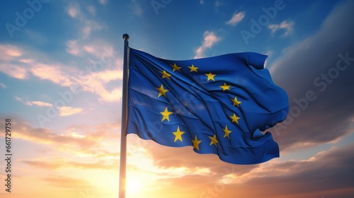 Flag of European Union waving in the breeze against vanilla sky photo