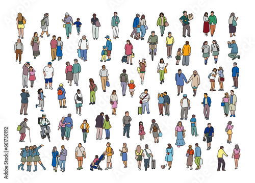 街を歩く人々のラフなカラーイラスト