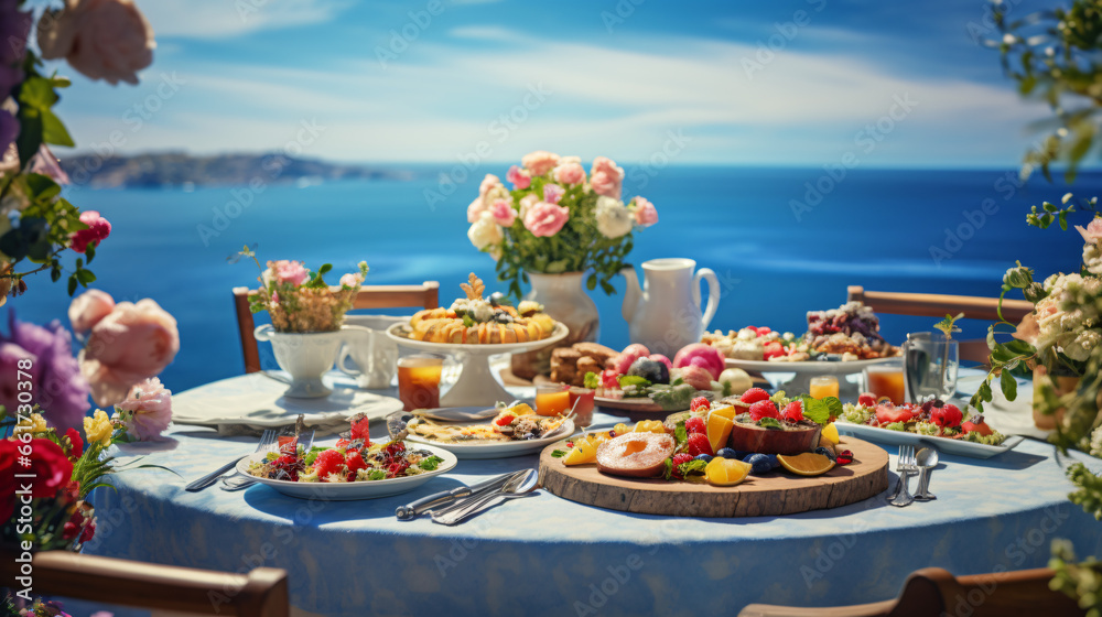 A table full of food with a view of the ocean