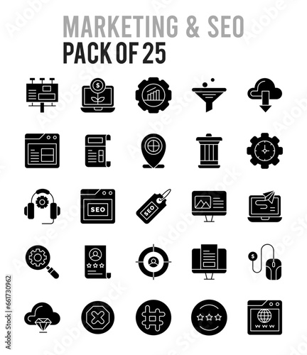 25 Marketing and Seo Glyph icon pack. vector illustration.