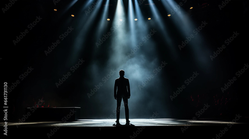 The Silhouette of a Person Standing on a Stage Lit by Spotlights - obrazy, fototapety, plakaty 