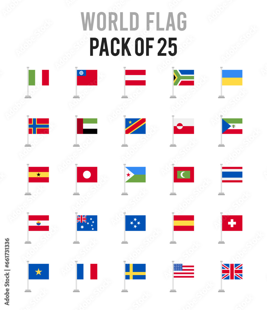 25 World Flags Pole. icons Pack. vector illustration. 25 World Flags Pole. icons Pack. vector illustration.