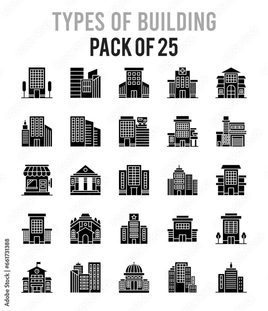 Fototapeta premium 25 Types of Building Glyph icon pack. vector illustration.