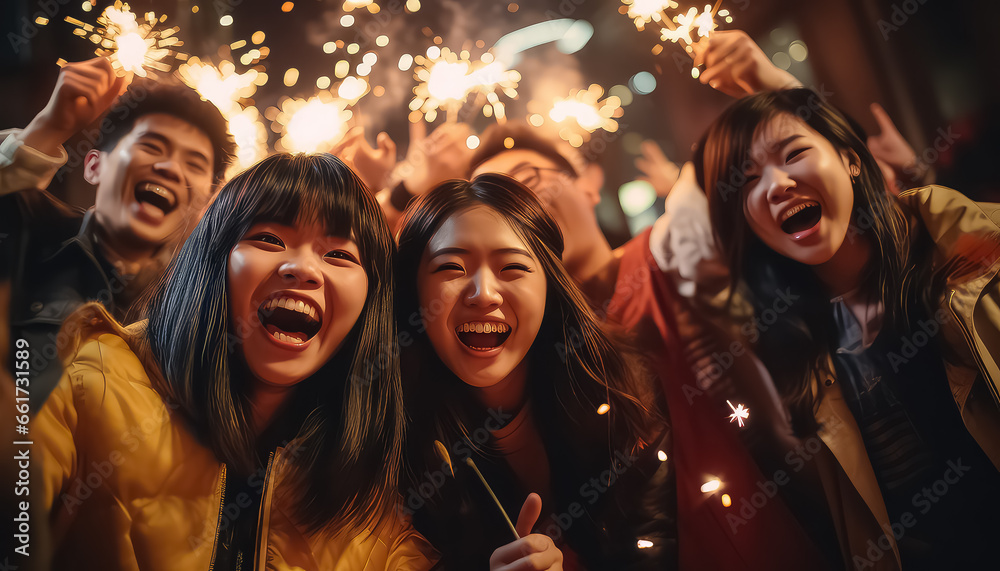 Cheerful friends taking selfies, Chinese New Year concept - obrazy, fototapety, plakaty 