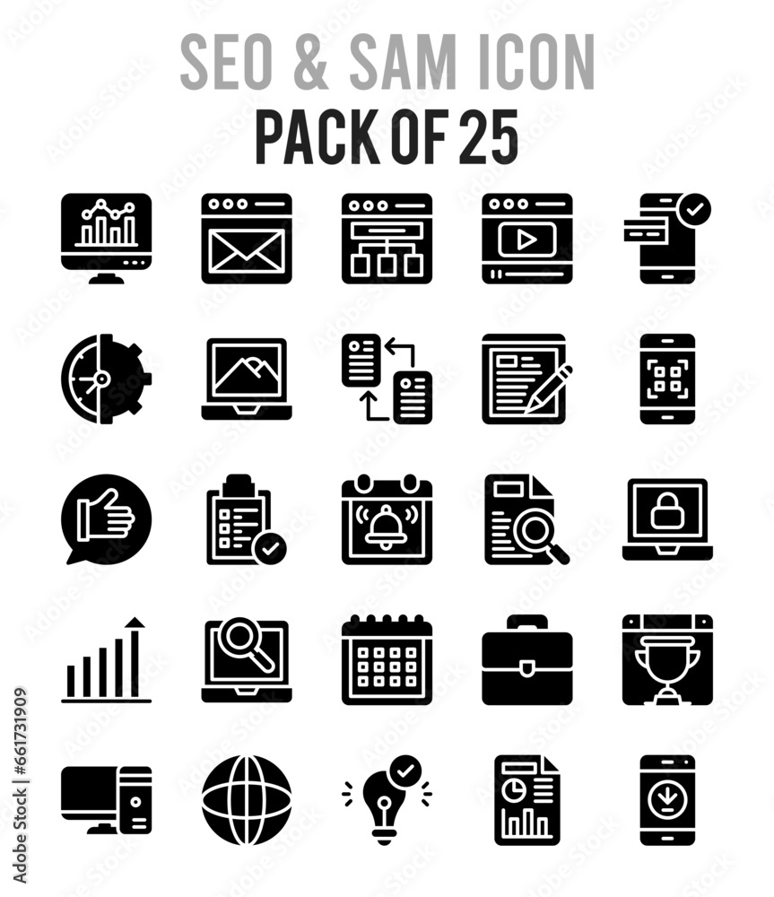 25 SEO And SAM Glyph icon pack. vector illustration.