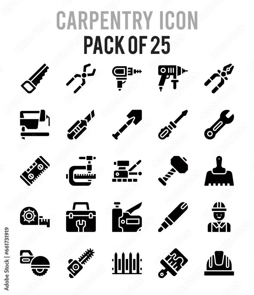 25 Carpentry Glyph icon pack. vector illustration.