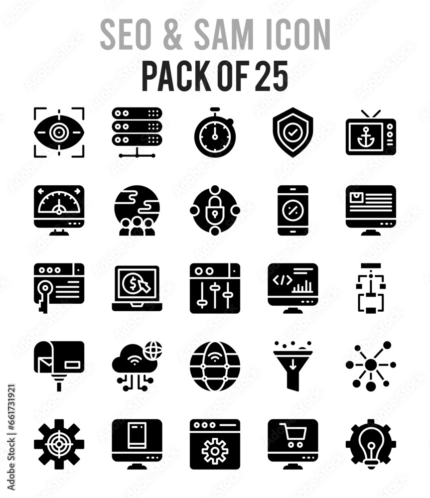 25 SEO And SAM Glyph icon pack. vector illustration.