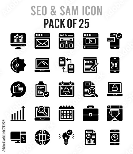 25 SEO And SAM Glyph icon pack. vector illustration.