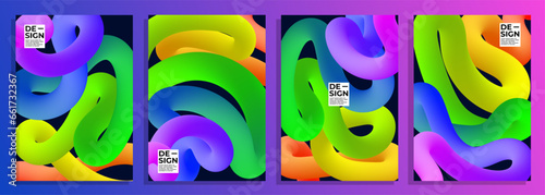 abstract 3D worm neon color cover background design set