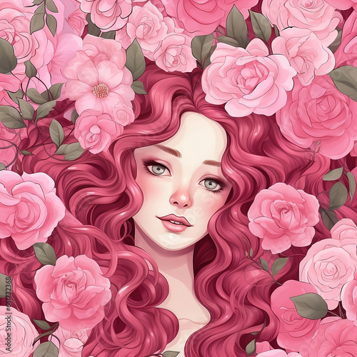 a girl staring straight ahead surrounded by pink roses