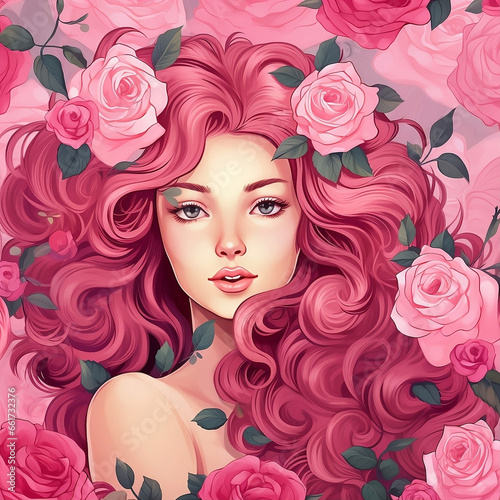 a girl staring straight ahead surrounded by pink roses