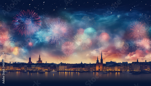 Fireworks on the modern city, the concept of Christmas and New Year