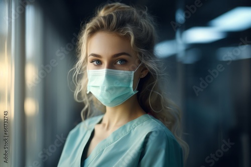 Close up of young woman doctor with face mask. Blurred hospital background.