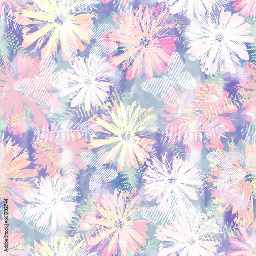 Seamless colorful floral pattern.White, coral flowers on a lilac background with white butterflies.