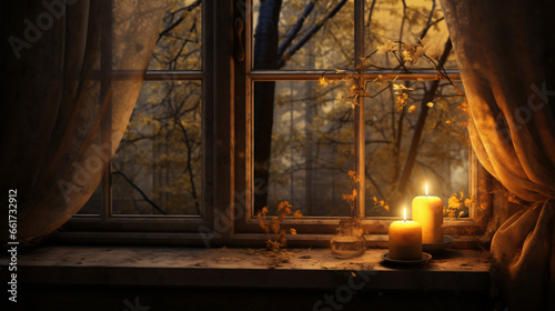 A window with a candle and some leaves