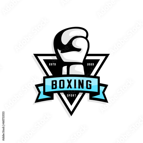 boxing sport logo, boxing gloves with a triangle background and a ribbon that says boxing
