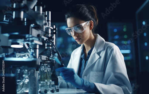 Female scientist working with microscope in laboratory. Medical research and development concept.