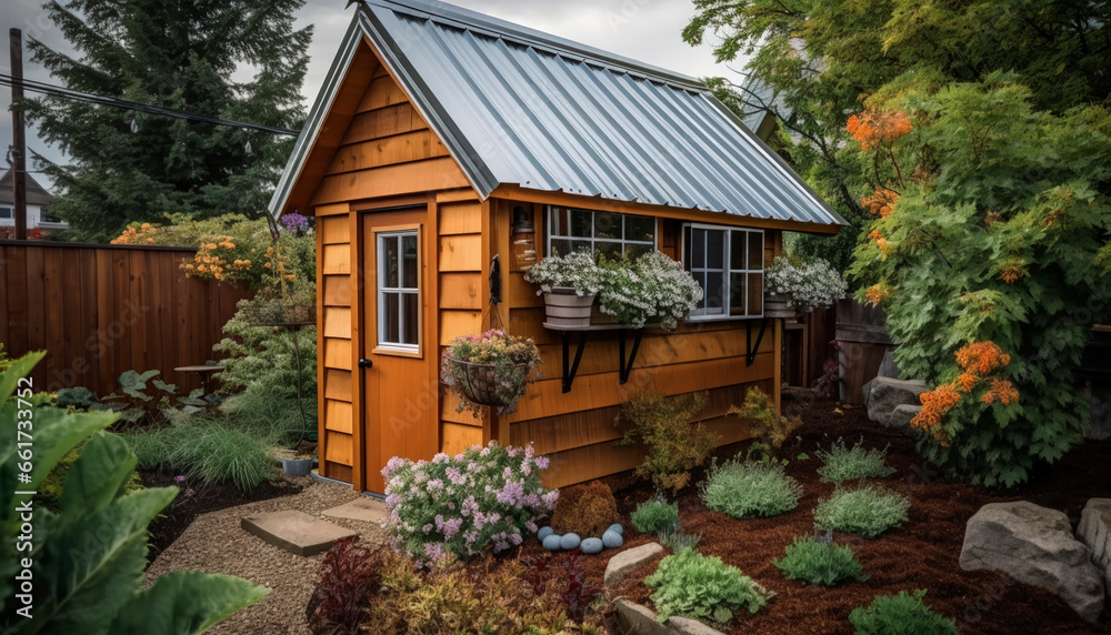 backyard garden tiny house with metal step tile roofing