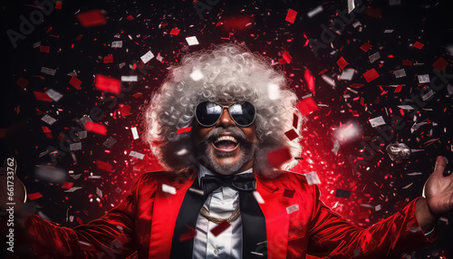 Afro ethnic Santa Claus wishes everyone a merry christmas with glasses and confetti salute fireworks