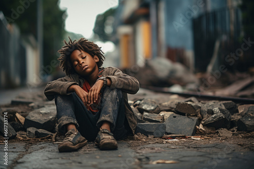 Homeless African boy sleeping in dirty clothes sitting outside on street, feeling anxious, despair and tormented with no attention and empathy. Social economic problems third countries concept photo