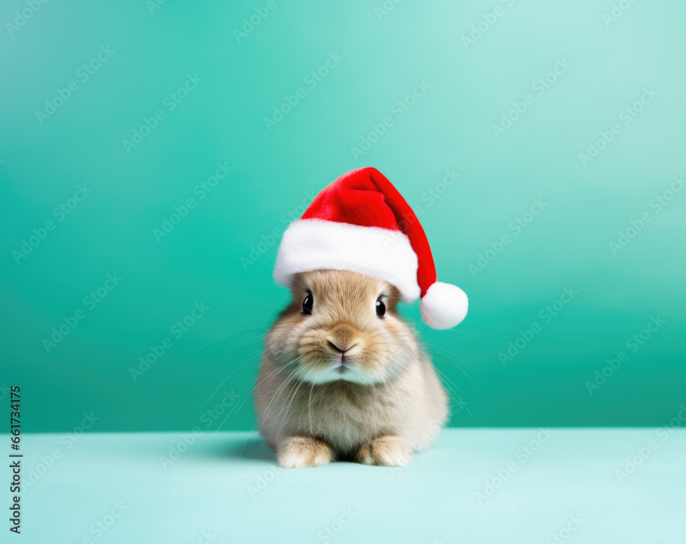 Lapin festif en bonnet de Noël sur fond turquoise. Lapin avec un chapeau de Père Noël rouge sur la tête. Joyeux Noël. Fond vert. Espace libre pour du texte. Lapin festif en bonnet de Noël sur fond turquoise. Lapin avec un chapeau de Père Noël rouge sur la tête. Joyeux Noël. Fond vert. Espace libre pour du texte.