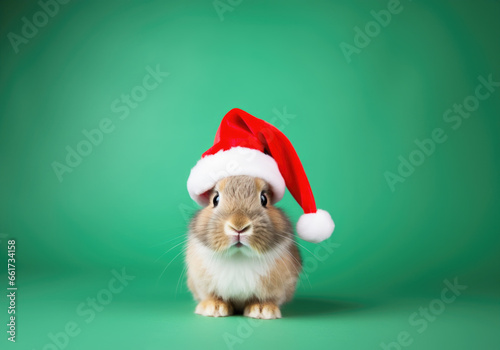Lapin festif en bonnet de Noël sur fond turquoise. Lapin avec un chapeau de Père Noël rouge sur la tête. Joyeux Noël. Fond vert. Espace libre pour du texte. 