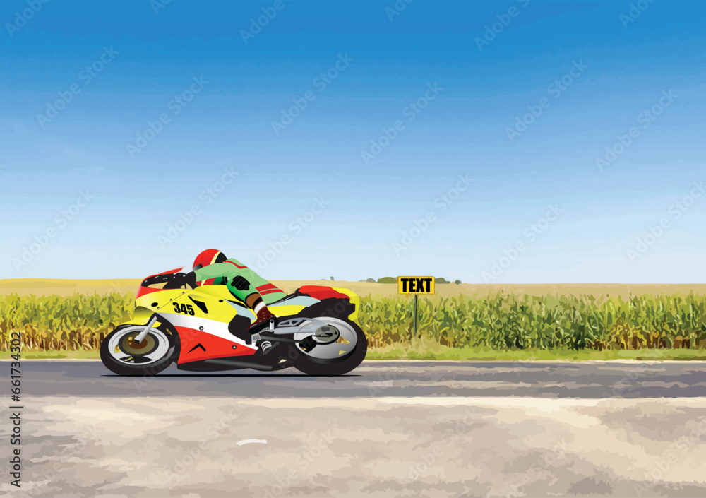 Fast Motorcycle on the coast road riding. 3d color vector illustration