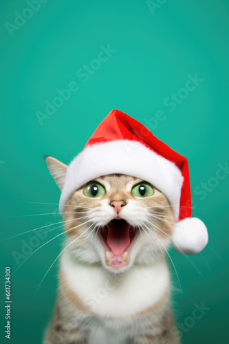 Chat surpris en bonnet de Noël sur fond turquoise