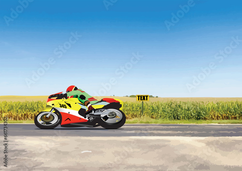 Fast Motorcycle on the coast road riding. 3d color vector illustration