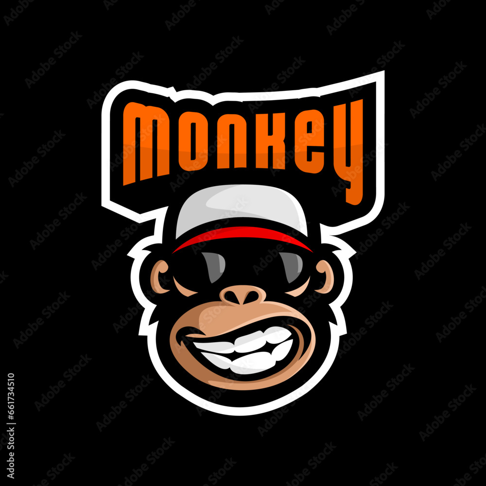 monkey logo, vector monkey wearing a hat and sunglasses laughing