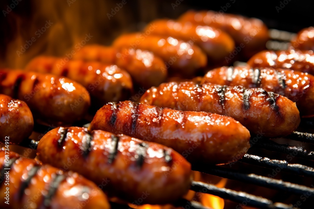 Delicious grilled sausages. - obrazy, fototapety, plakaty 