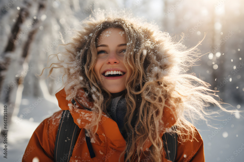 Enchanting Winter Wonder, Young Woman Embracing Lapland's Snowy Forest - obrazy, fototapety, plakaty 