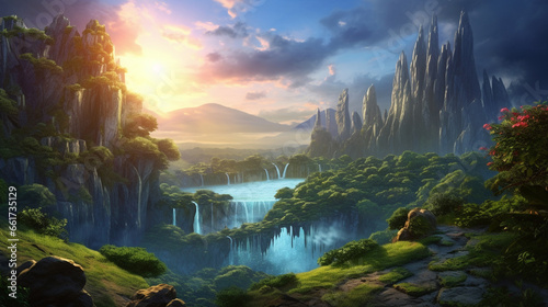 Beautiful landscape illustration of fantasy valley and waterfall
