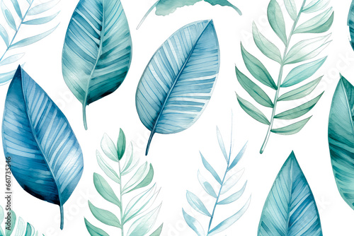 Tropical plants in blue  Christmas and New Year theme in watercolor style on white background