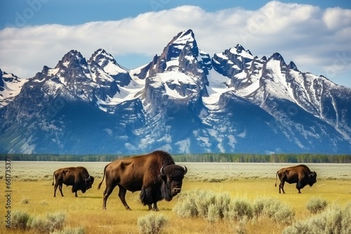 American Bisons grazing on grassy field against mountains. Beautiful mountains landscape with bisons. Wildlife Photography.