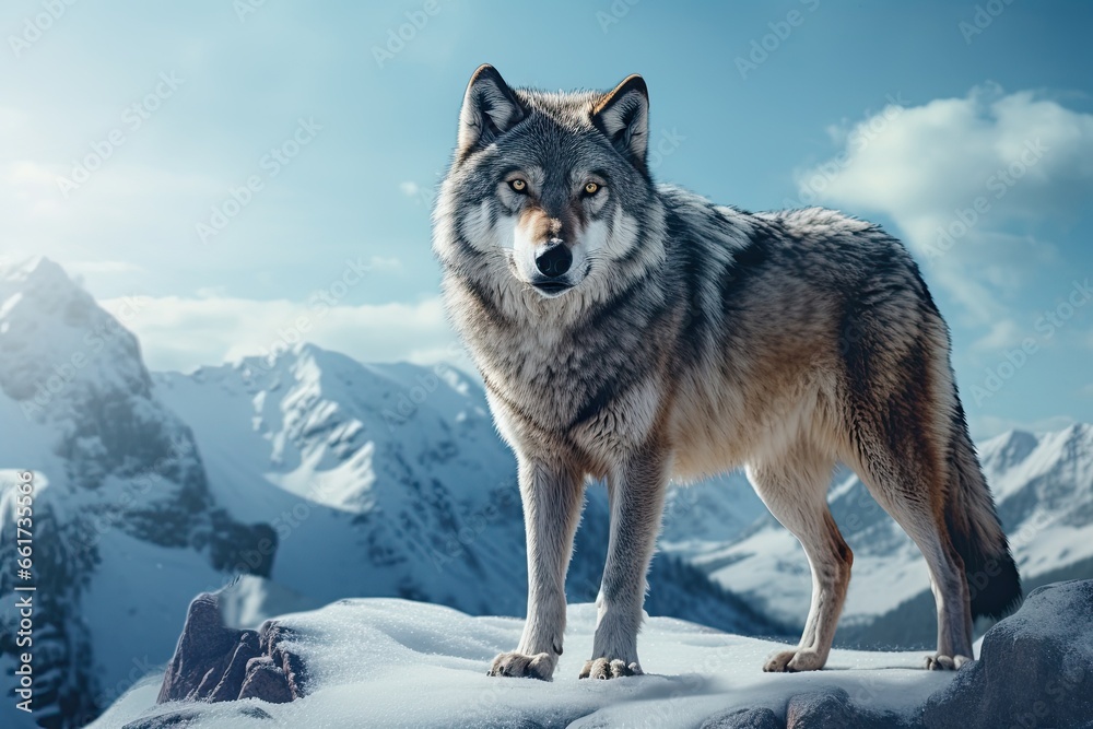 Fototapeta premium wolf standing in the snowy mountains