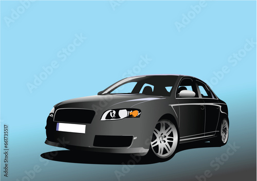Black car-sedan on the road. Vector 3d illustration